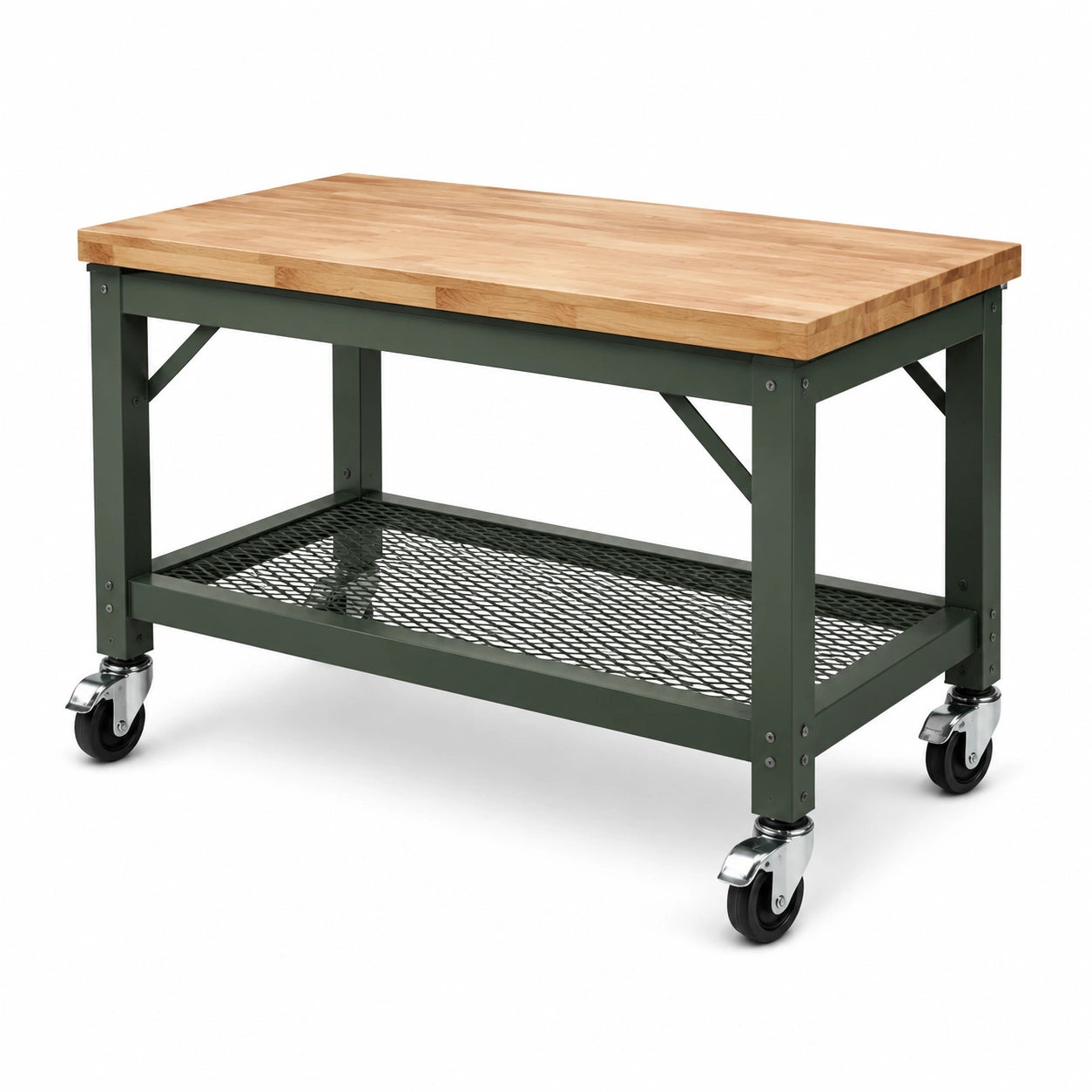 Table Établi en Bois et Métal avec Roulettes Vertes