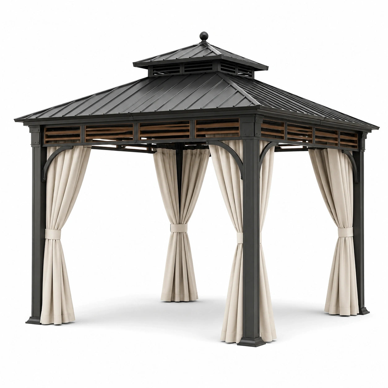 Pavillon en aluminium avec toit en acier et rideaux en polyester beige 300x400 cm