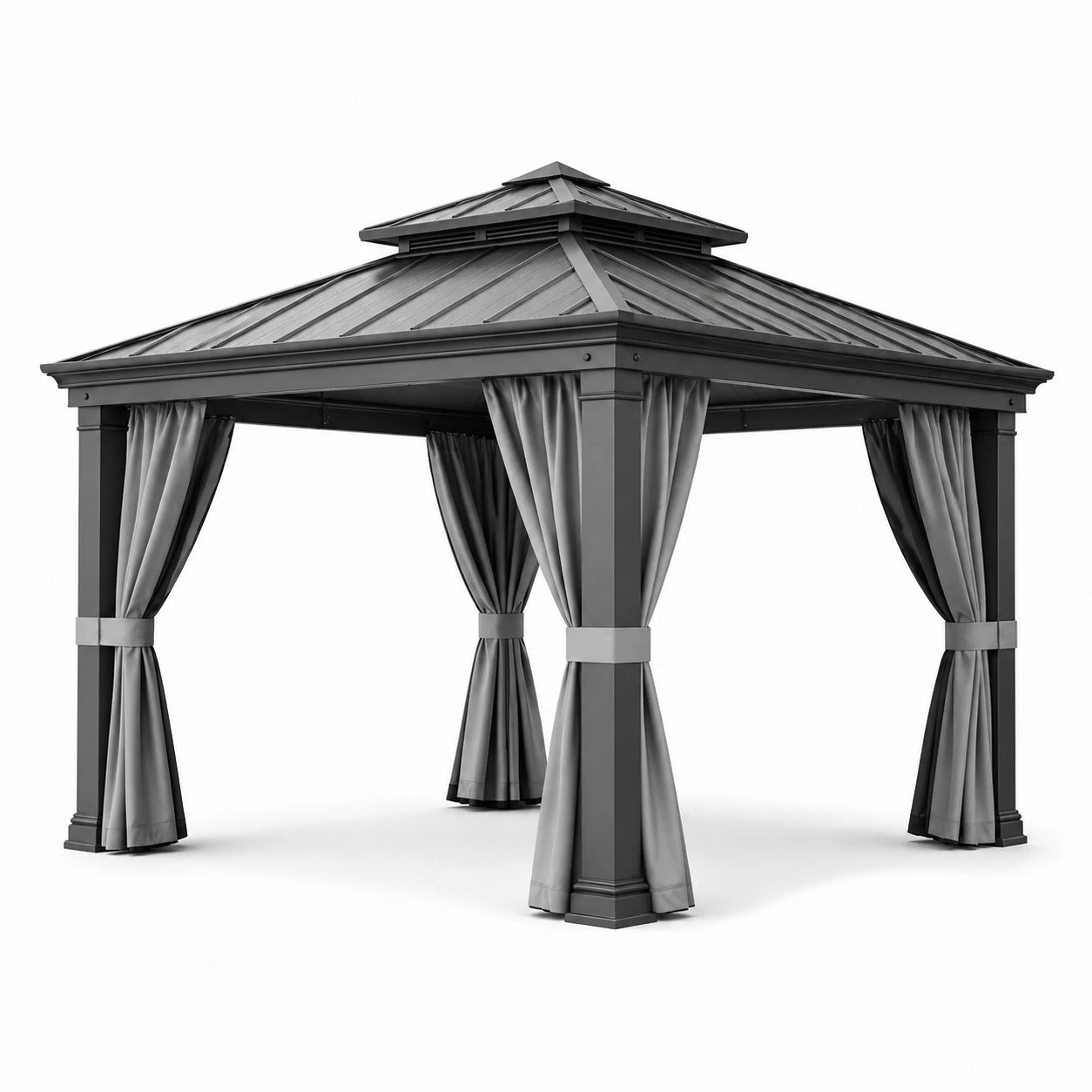 Pavillon de jardin en aluminium avec rideaux en polyester gris 300 x 300 cm