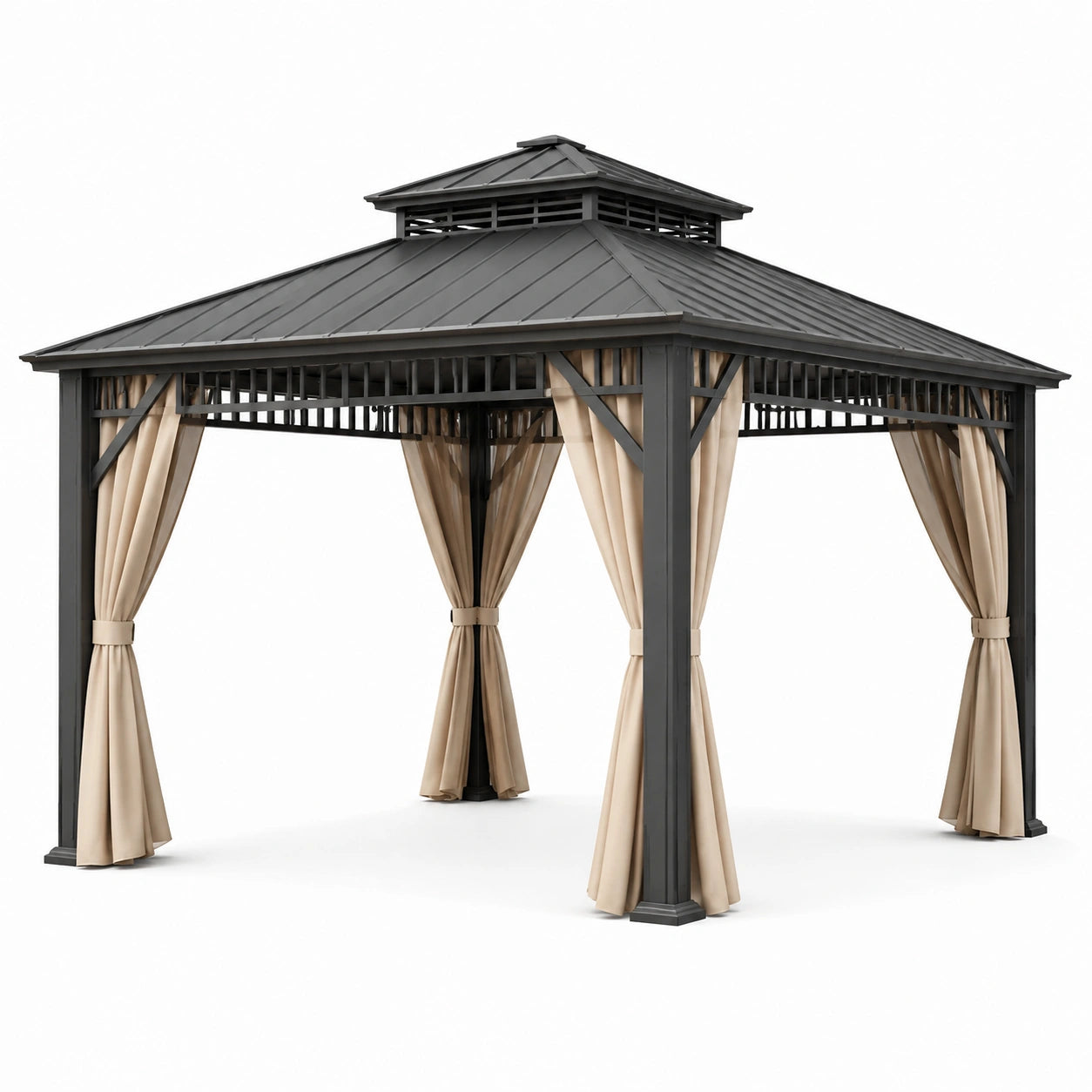Pavillon de jardin en aluminium avec rideaux en tissu beige 3x3 m