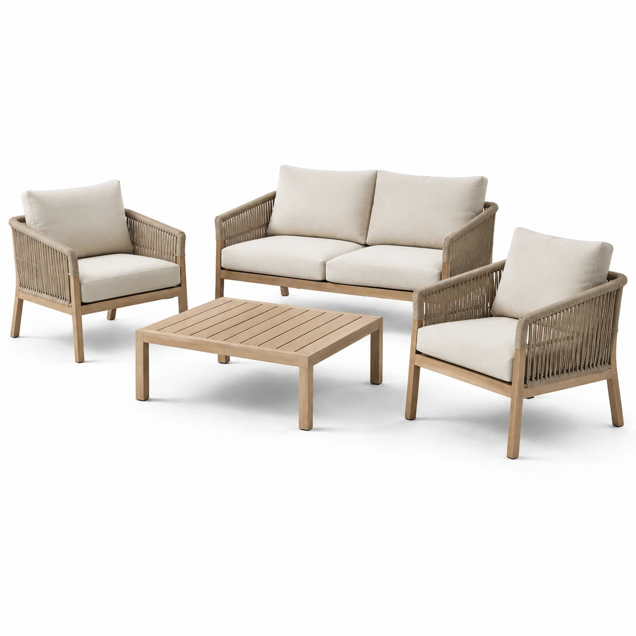 Ensemble de salon de jardin en bois avec cordes et coussins beige