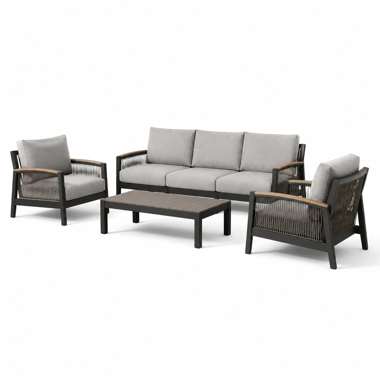 Ensemble de mobilier extérieur en aluminium et corde avec coussins gris