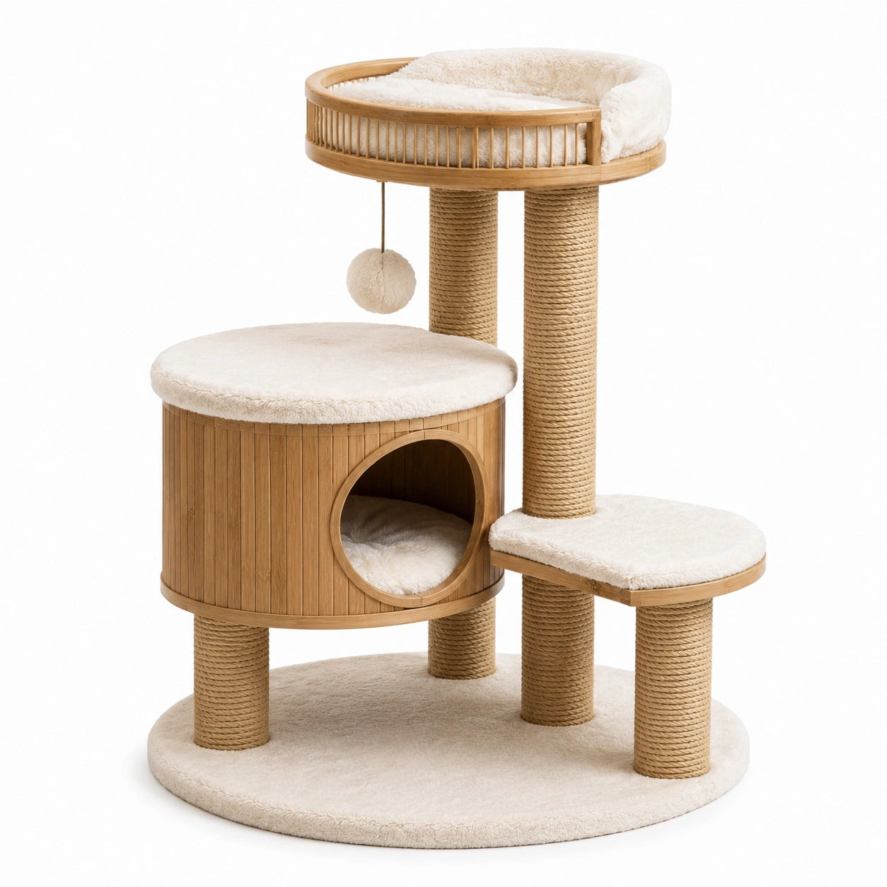 Arbre à chat en bambou et tissu polyester beige, 90 cm