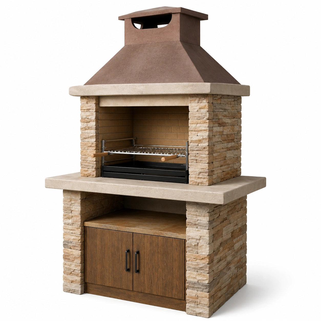 Barbecue en pierre et acier inoxydable avec cheminée et armoire