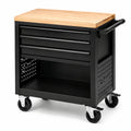 Chariot à outils en métal noir avec plateau en bois