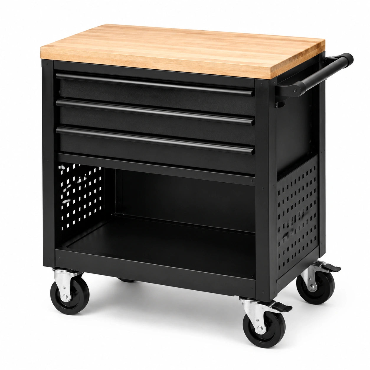 Chariot à outils en métal noir avec plateau en bois