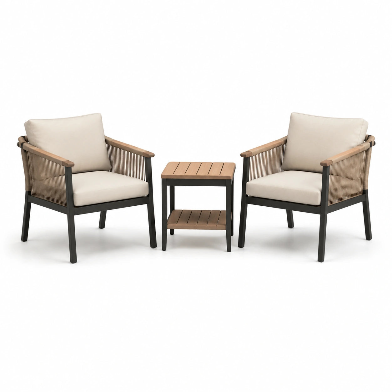 Ensemble de chaises en métal avec table en bois et coussins beiges