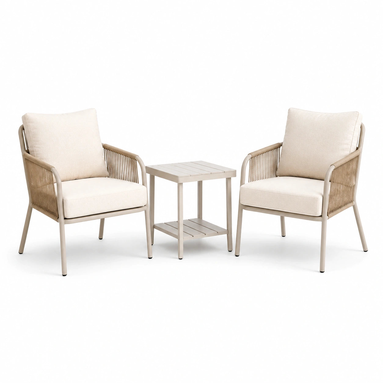 Ensemble de mobilier d'extérieur en aluminium et corde avec coussins beige