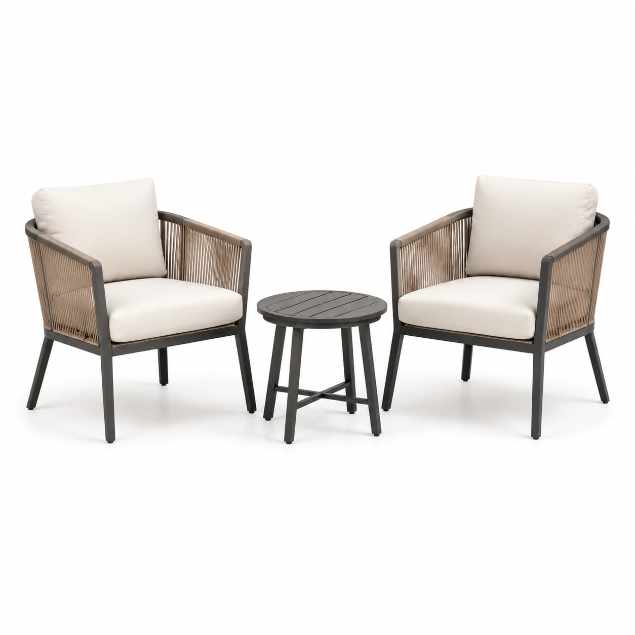 Ensemble bistrot 2 fauteuils en aluminium avec table ronde en bois composite