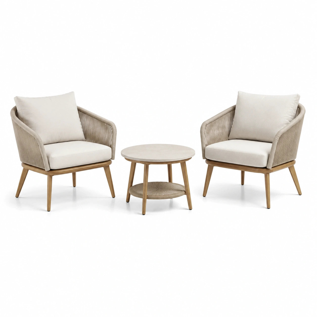 Ensemble bistrot avec 2 fauteuils en corde beige et table ronde en bois d'acacia