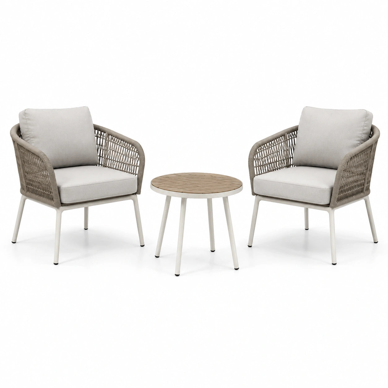 Ensemble de bistrot en aluminium avec table ronde et 2 fauteuils en corde tressée gris